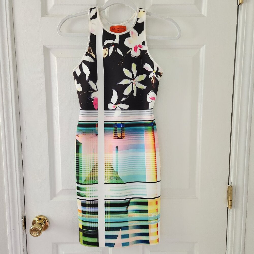 Clover Canyon High Neck Abstract Neoprene Sheath Scuba Mini Dress - Size XS